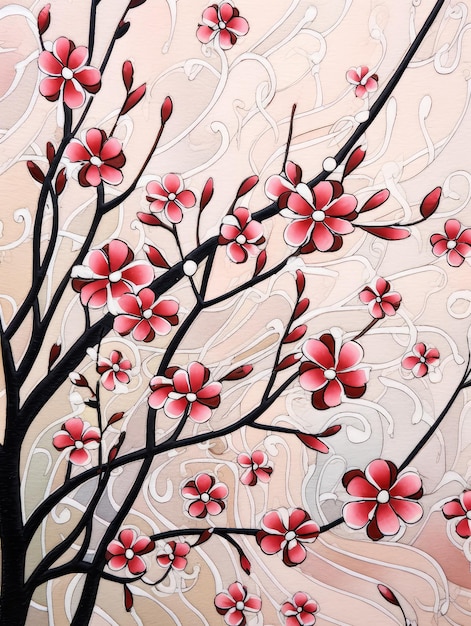 Ein Gemälde eines Zweiges eines Kirschblütenbaums.