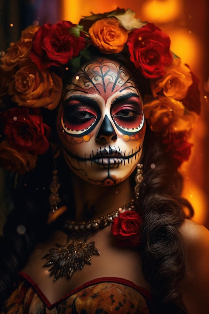 ein Gemälde Frauen mit Rose Dia de Muertos