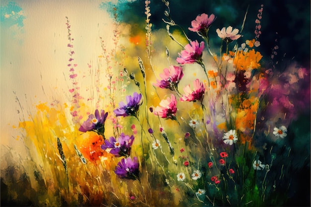 Ein Gemälde mit Blumen auf einem Feld, auf das die Sonne scheint.
