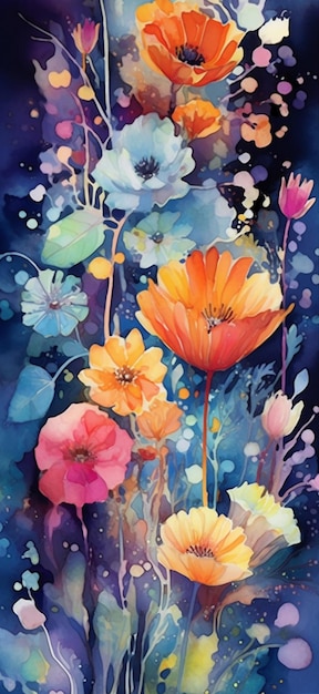 Ein Gemälde mit Blumen in Blau und Orange