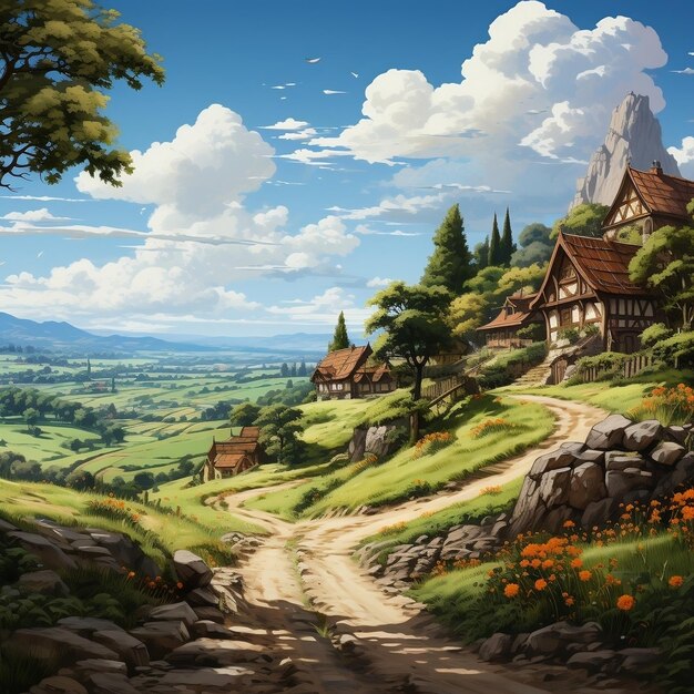 Ein Gemälde mit einem Pfad und einem Hügeldorf