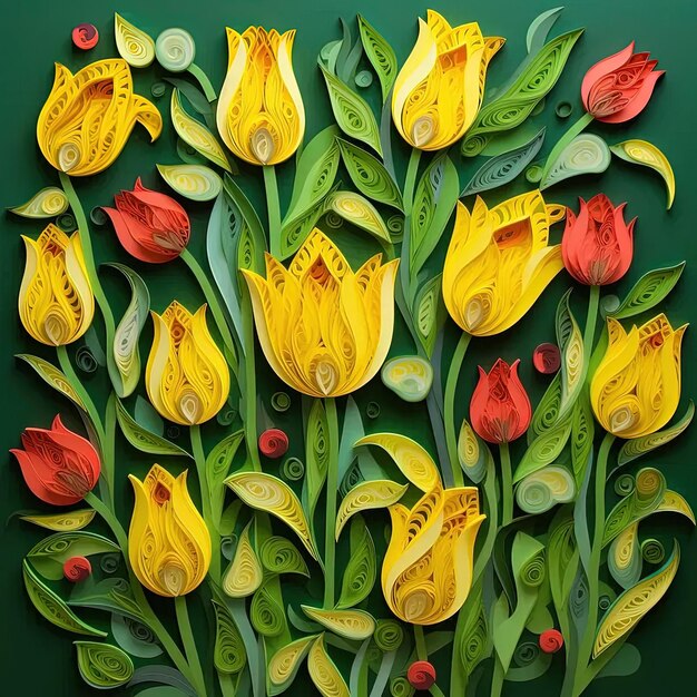 Ein Gemälde mit gelben und roten Blumen auf einem grünen Hintergrund
