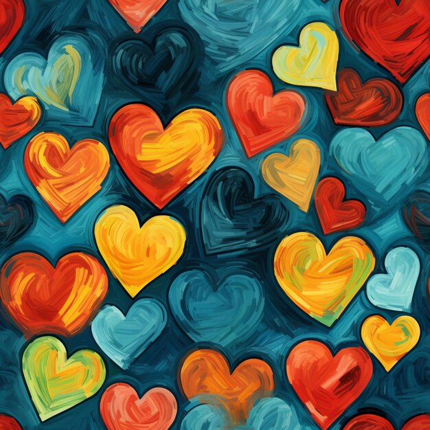 Ein Gemälde mit vielen Herzen ist auf einem blauen Hintergrund mit generativer KI gemalt