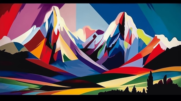 Ein Gemälde von Bergen mit dem Wort „Berg“ auf der Unterseite.