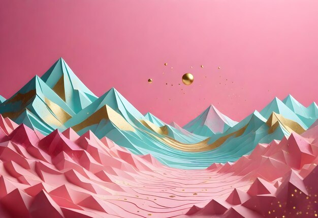ein Gemälde von Bergen mit einem rosa Hintergrund mit einem roten Hintergrund
