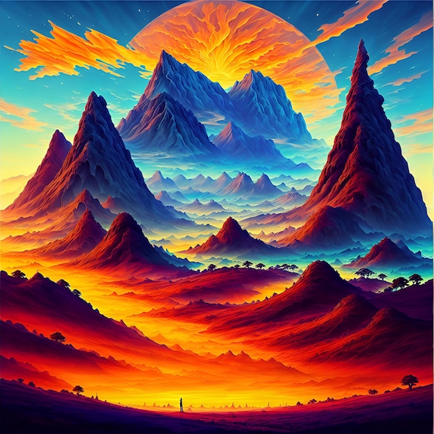 Ein Gemälde von Bergen mit einem Sonnenuntergang im Hintergrund.
