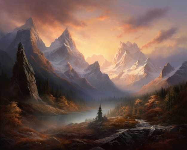 Ein Gemälde von Bergen mit einem Sonnenuntergang im Hintergrund