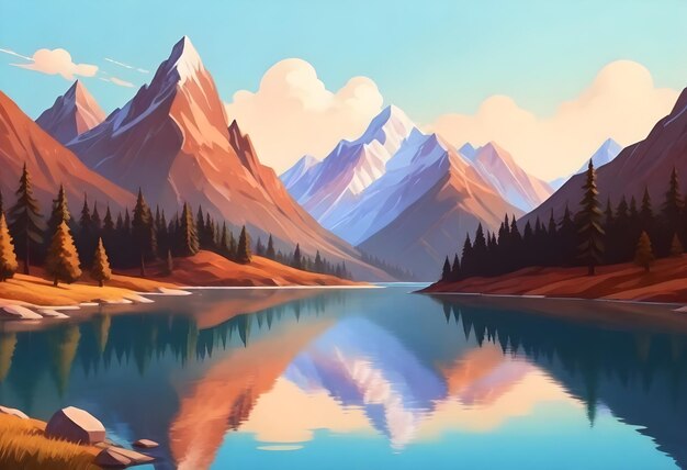 ein Gemälde von Bergen und Bäumen mit einem See im Hintergrund