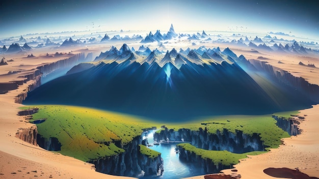 Ein Gemälde von Bergen und einem Fluss mit einem Berg im Hintergrund