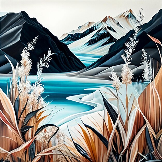 Ein Gemälde von Bergen und einem Fluss mit einem Berg im Hintergrund.