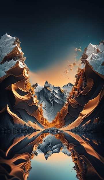 Ein Gemälde von Bergen und einem See mit der Aufschrift „Feuer“.