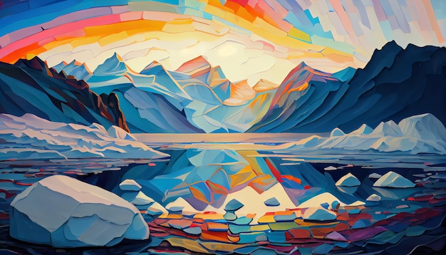 Ein Gemälde von Bergen und Eisbergen von Person