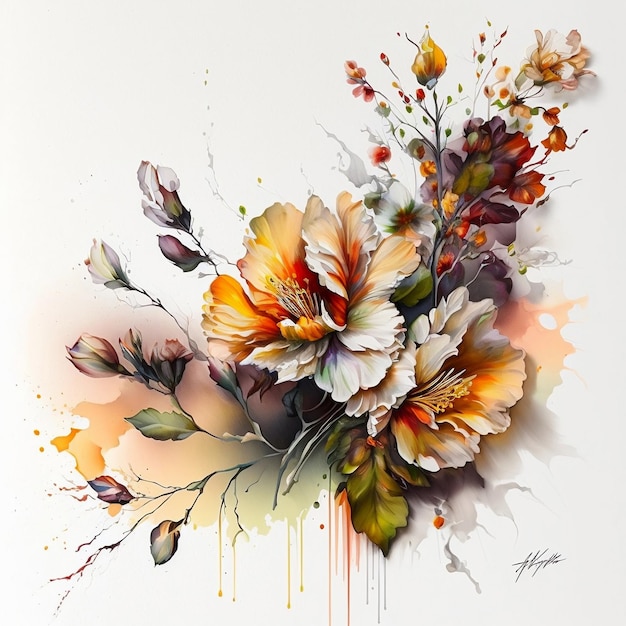 ein Gemälde von Blumen auf weißem Hintergrund, ein Airbrush-Gemälde mit generativer KI