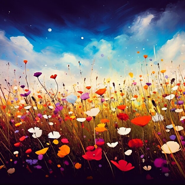 ein Gemälde von Blumen im Gras mit einem bewölkten Himmel im Hintergrund.