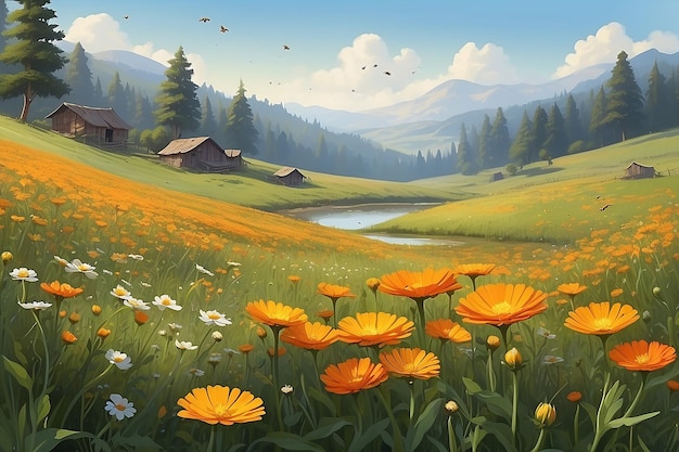 ein Gemälde von Blumen und einem Fluss mit Bergen im Hintergrund