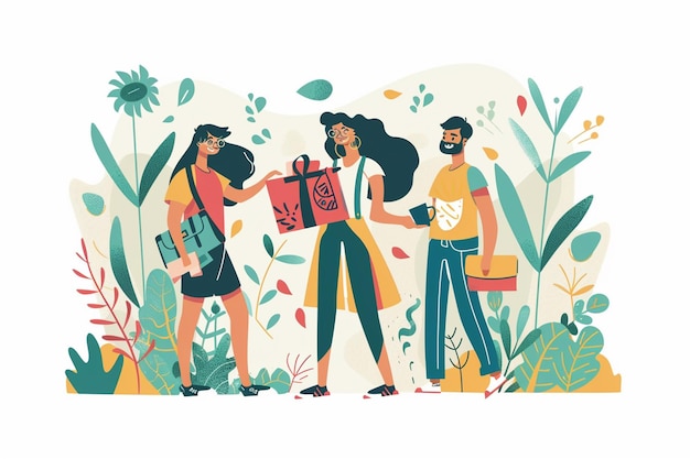 ein Gemälde von drei Menschen, die Geschenke halten, und einer von ihnen hat einen Mann, der einen Sack mit Geschenken hält
