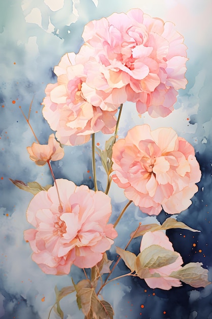 ein Gemälde von drei rosa Blumen auf blauem Hintergrund Aquarellgemälde einer rosafarbenen Blume
