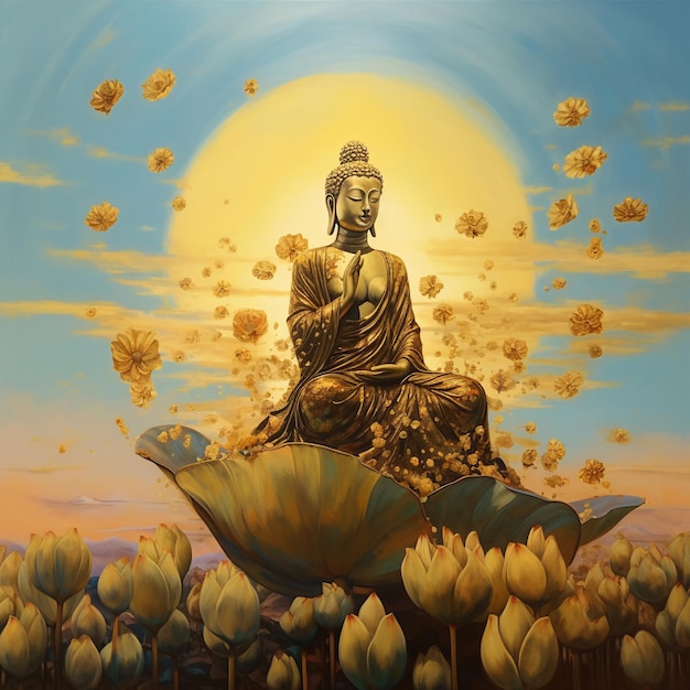 Ein Gemälde von einem Buddha, auf den die Sonne scheint