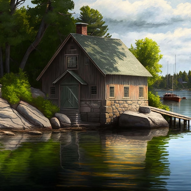 Ein Gemälde von einem Haus am Wasser