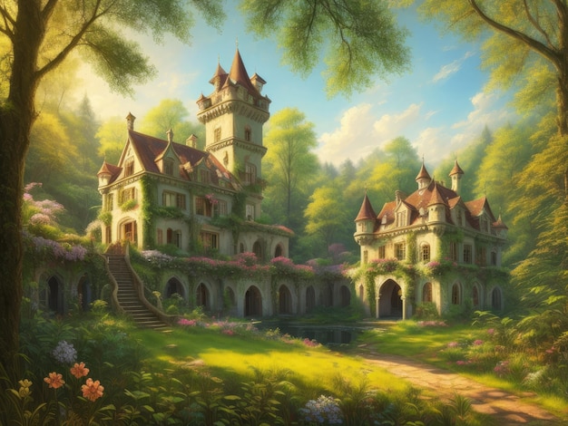 Ein Gemälde von einem Haus im Wald