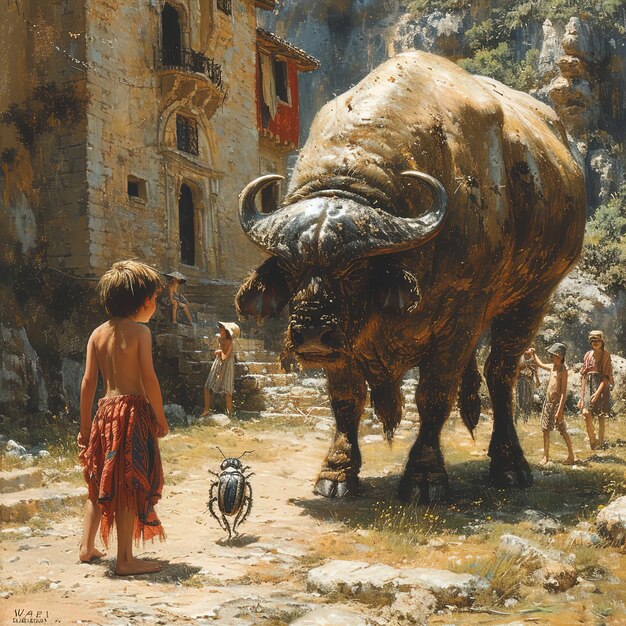 ein Gemälde von einem Jungen und einem Stier in einem Dorf mit einem Hund