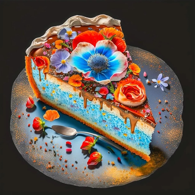 Ein Gemälde von einem Kuchen mit Blumen darauf