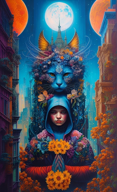 Ein Gemälde von einem Mädchen und einer Katze