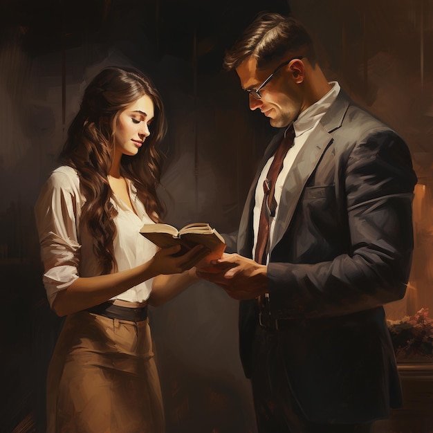ein Gemälde von einem Mann und einer Frau, die ein Buch lesen.