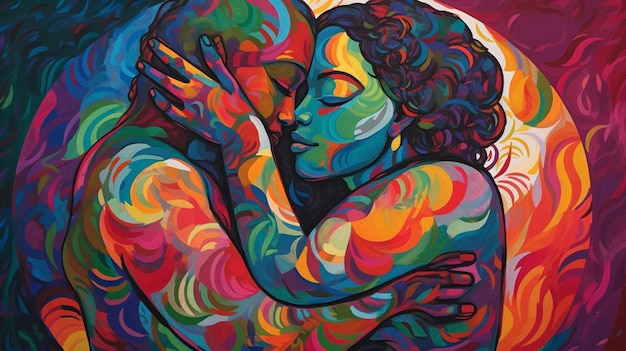 Ein Gemälde von einem Mann und einer Frau, die sich umarmen.
