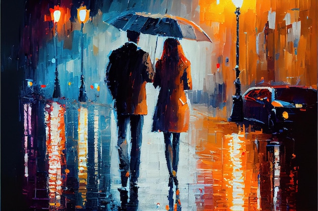 Ein Gemälde von einem Paar, das im Regen spazieren geht