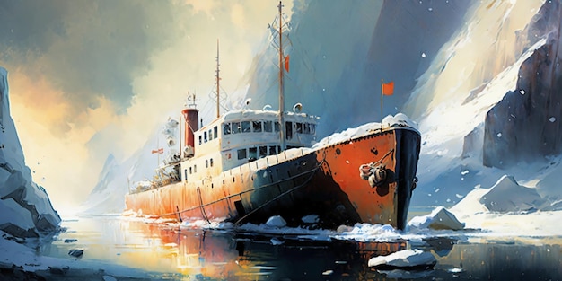 Ein Gemälde von einem Schiff im Meer