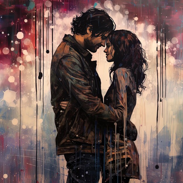 ein Gemälde von einem sich küssenden Paar und das Wort Liebe darauf