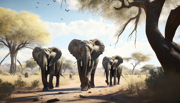 Ein Gemälde von Elefanten, die auf einer unbefestigten Straße laufen.