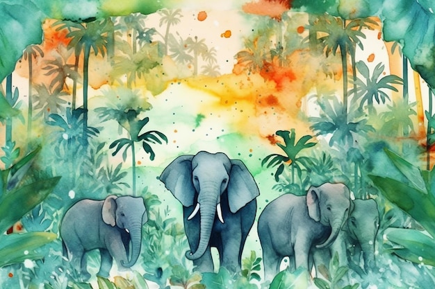 Ein Gemälde von Elefanten im Dschungel mit dem Wort Dschungel darauf