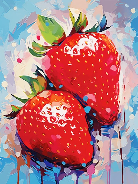Ein Gemälde von Erdbeeren mit einem Herzen im Hintergrund.