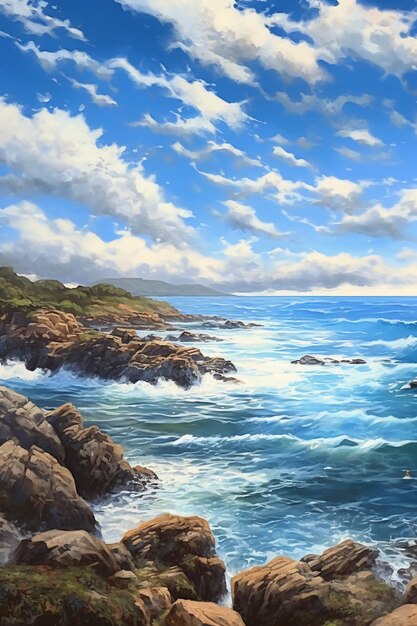 Ein Gemälde von Felsen und Wasser in der Nähe des Ozeans