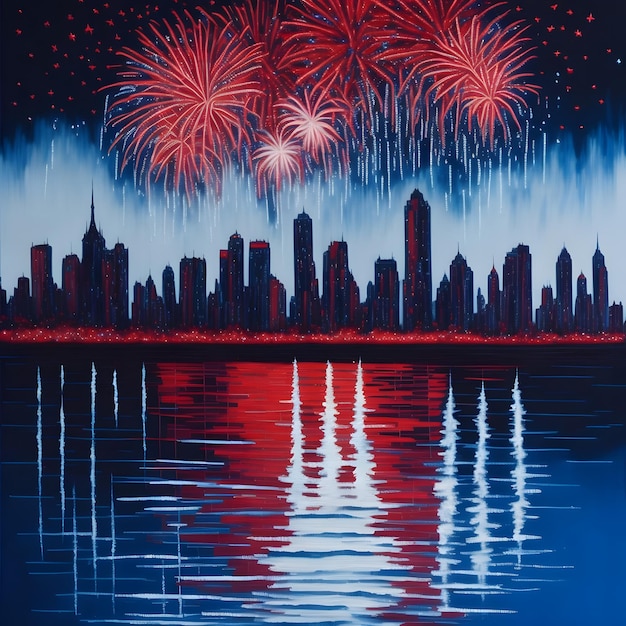 Ein Gemälde von Feuerwerk über Chicago