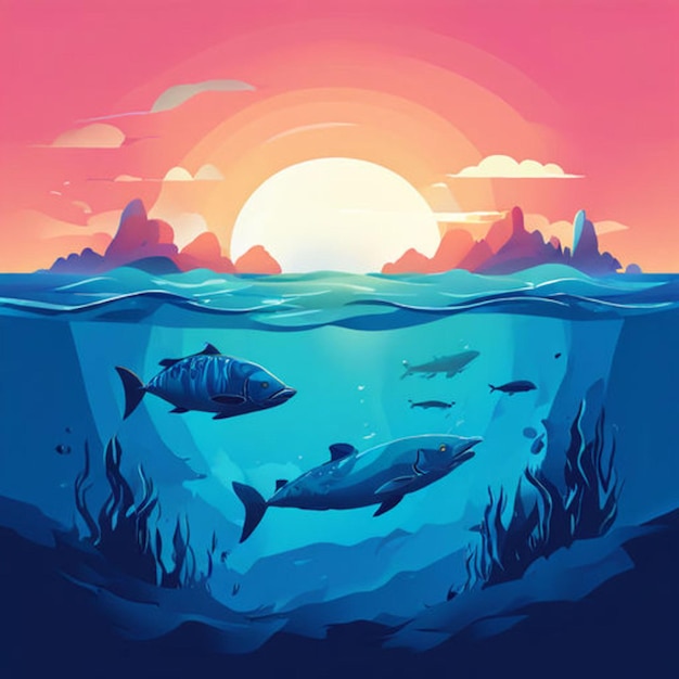 ein Gemälde von Fischen, die im Ozean mit der Sonne hinter sich schwimmen