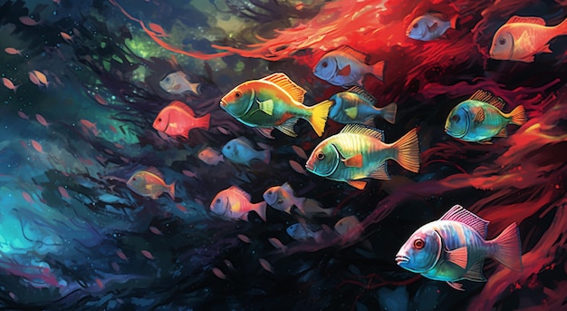 Ein Gemälde von Fischen im Meer mit der Aufschrift „Fisch“ auf der Unterseite.