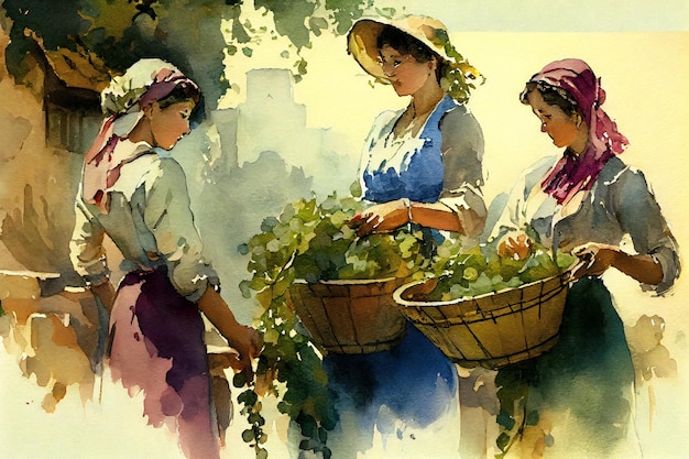 Ein Gemälde von Frauen mit Körben voller Trauben