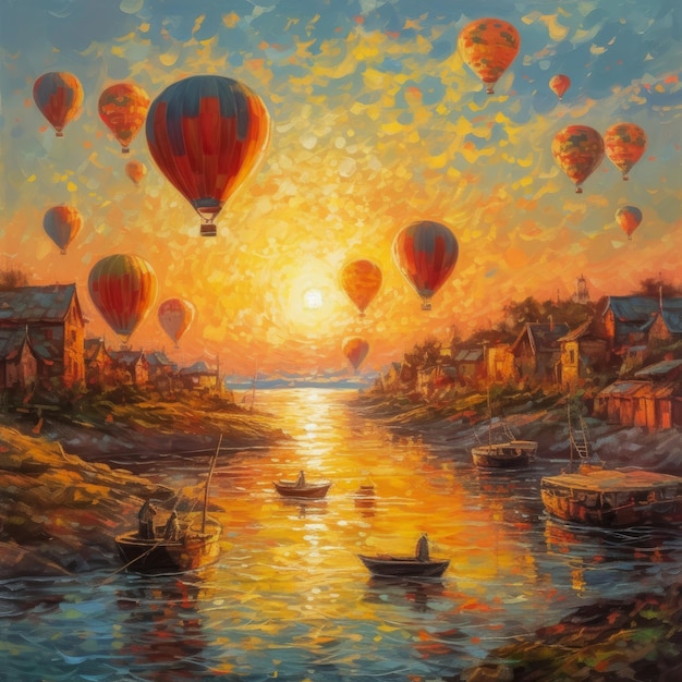 Ein Gemälde von Heißluftballons bei Sonnenuntergang auf dem Wasser
