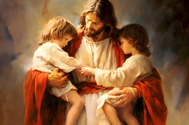 Ein Gemälde von Jesus, der ein Kind hält, mit den Worten Jesus darauf