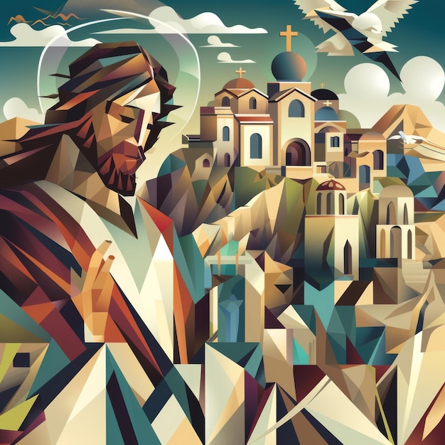 Foto ein gemälde von jesus in einer stadt mit einem kreuz im hintergrund