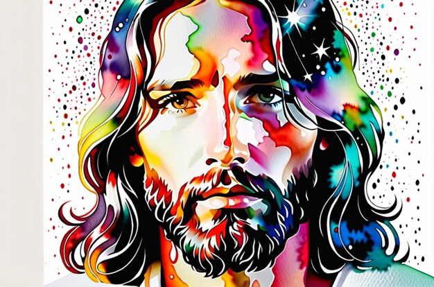 ein Gemälde von Jesus mit einem Regenbogen von Sternen und den Worten Jesus