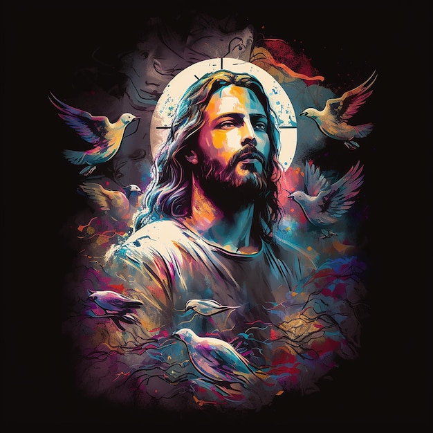 Ein Gemälde von Jesus mit Vögeln auf seiner Brust