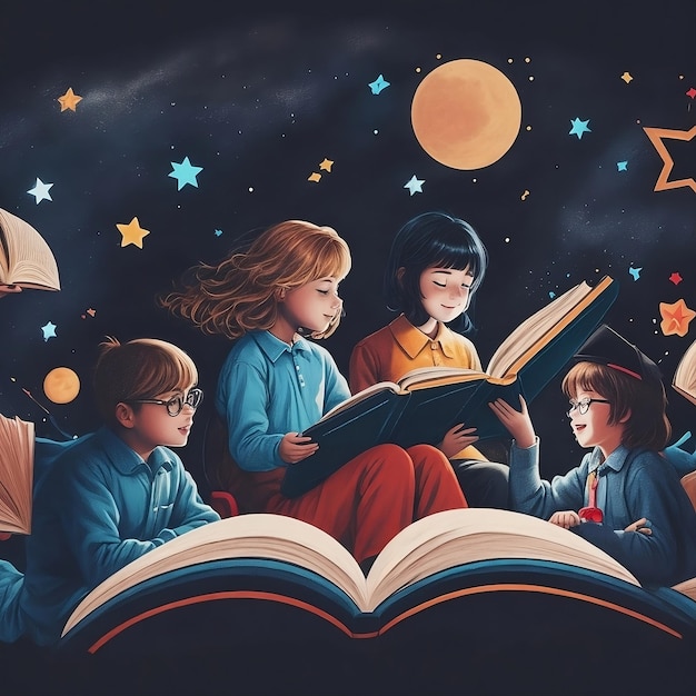 ein Gemälde von Kindern, die Bücher mit dem Mond im Hintergrund lesen.