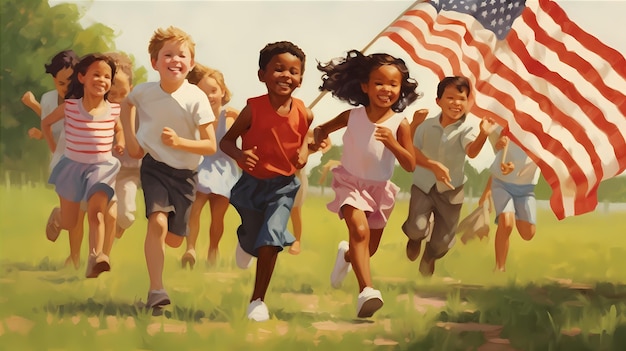 Ein Gemälde von Kindern, die mit einer amerikanischen Flagge laufen.