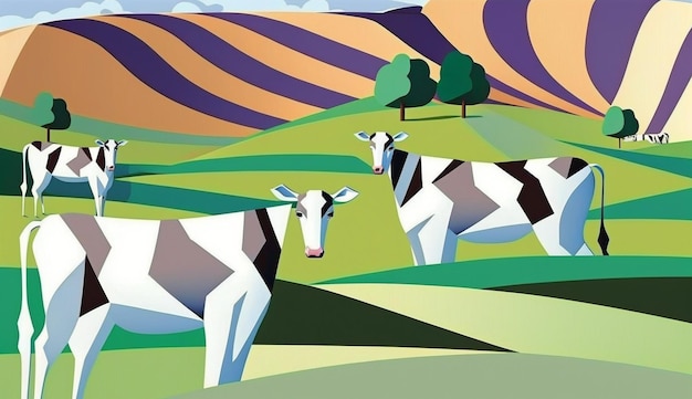 Ein Gemälde von Kühen auf einem Feld mit Bergen im Hintergrund.