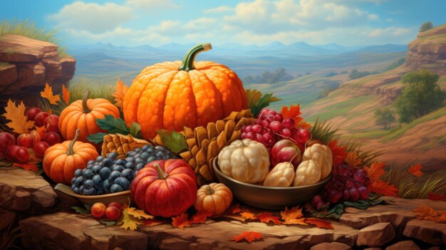 Ein Gemälde von Kürbissen, Trauben und anderen Früchten
