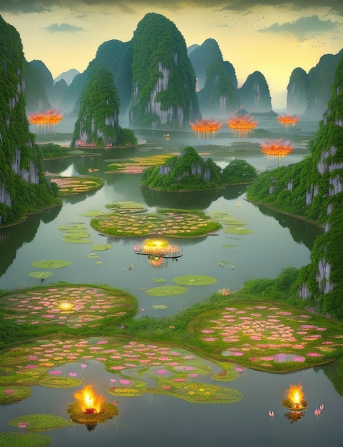 Ein Gemälde von Lotusblumen in einer Landschaft mit einer Libelle auf dem Wasser.